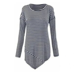 CAbi S boat stripe nautical asymmetrical hem knit top